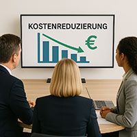 3 Personen schauen eine Grafik auf dem Fernseher die Kostenreduzierung zeigt